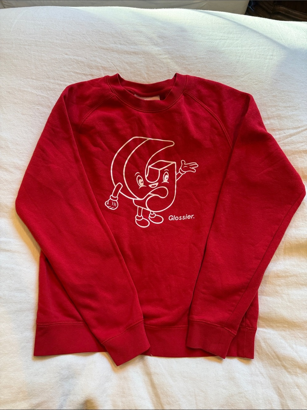 Limited Edition Glossier Red Crewneck Sweatshirt with White Cartoon Graphic